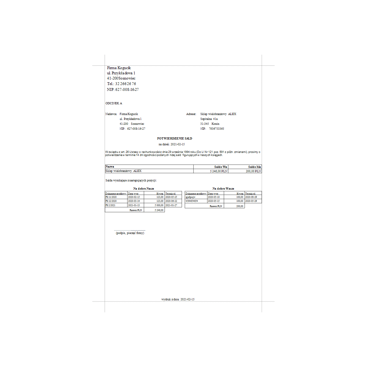 Subiekt GT -  Potwierdzenie sald