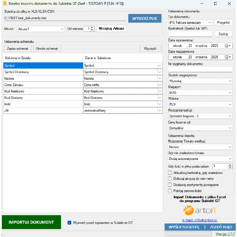 Subiekt GT - Importer Dokumentu z Excela