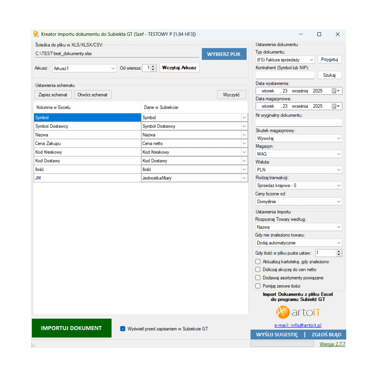 Subiekt GT - Importer Dokumentu z Excela