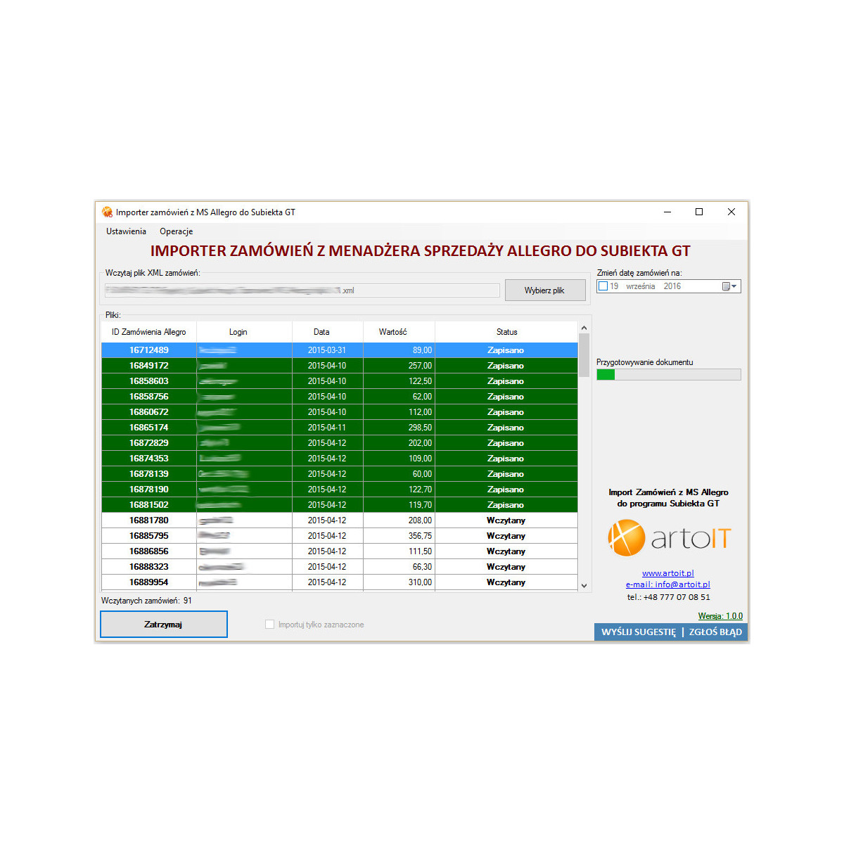 Subiekt GT - Importer Zamówień z MS Allegro